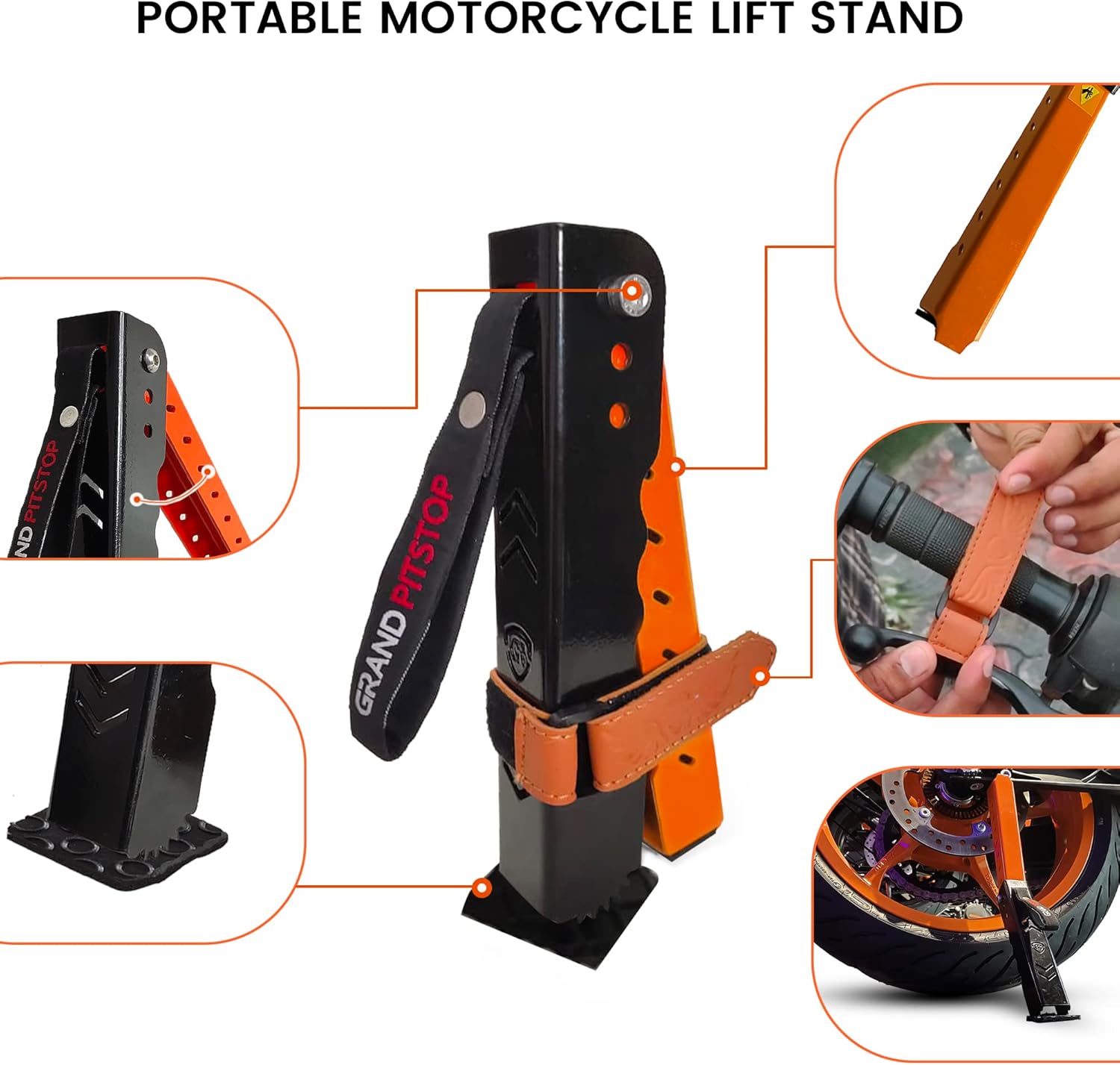 GRAND PITSTOP Soporte de mantenimiento de motocicleta, soporte de elevación portátil y compacto, altura ajustable para limpieza de cadenas y