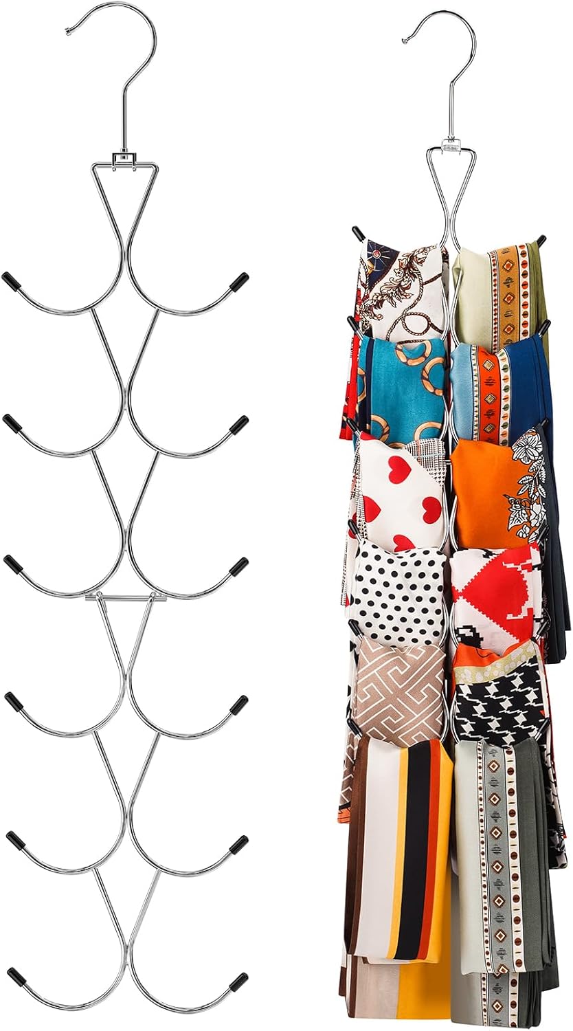 Uinicor Percha para bufandas, 12 almacenamientos, organizador de bufanda con gancho giratorio de 360 grados, organizador de leggings para armario,
