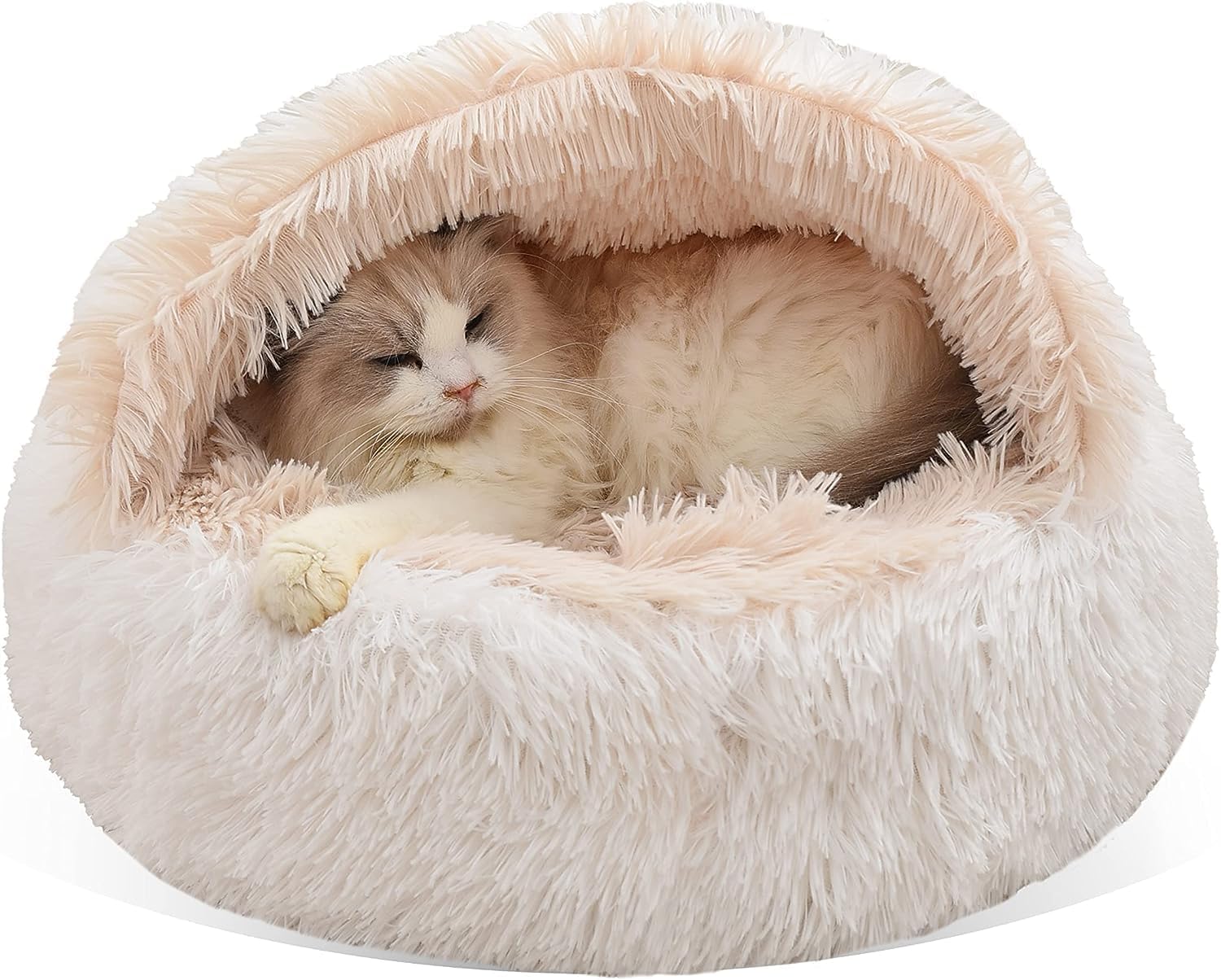 Cama para gatos redonda y esponjosa con capucha y funda de felpa no plegada, cama para gatos de interior, camas calmantes para perros y gatos, parte