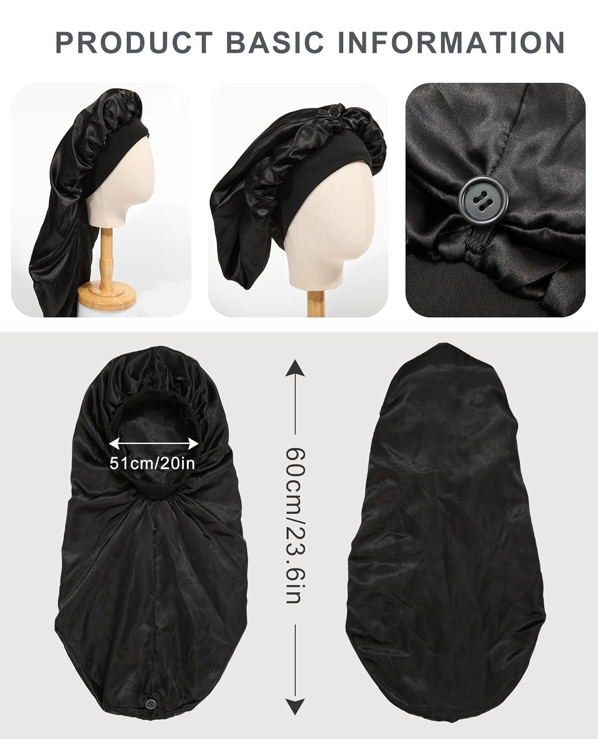 AWAYTR Gorro largo de satén para mujer, gorro de seda de 2 capas para trenzas, gorro de dormir elástico con gorro de noche de banda ancha (negro)