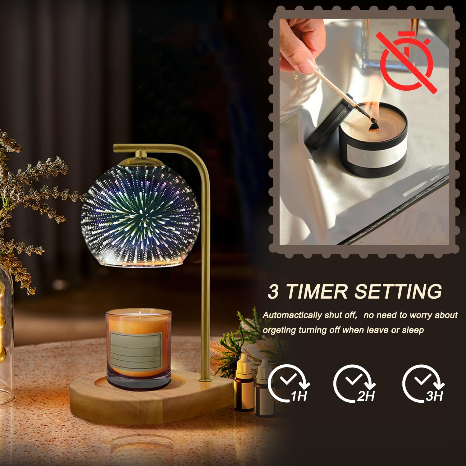 Lámparas de cristal 3D con 3 bombillas regulables, temporizador con 1H2H4H, compatible con velas pequeñas y grandes, pantalla de vidrio de fuegos