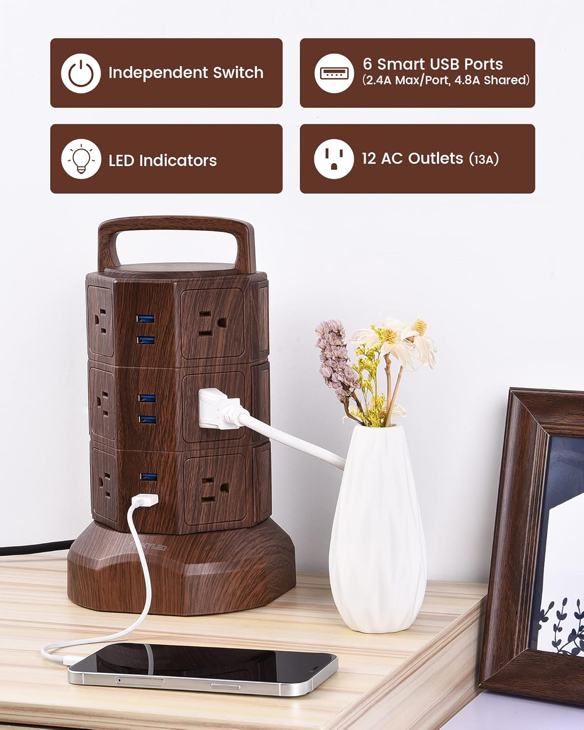 JACKYLED Regleta protectora contra sobretensiones con cable de extensión de 6.5 pies, 6 puertos USB y 12 salidas de CA, estación de carga eléctrica