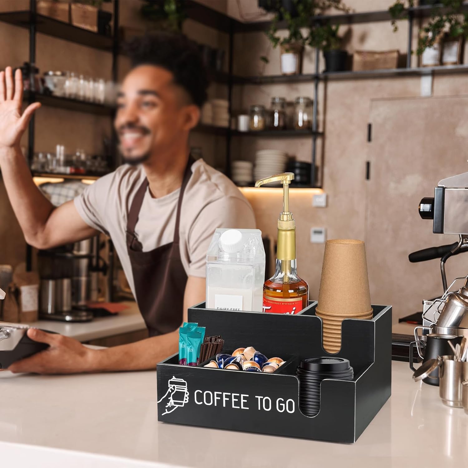 ugiftt Organizador de barra de café, organizador de estación de café, dispensador de taza de café de madera para mostrador, soporte de taza