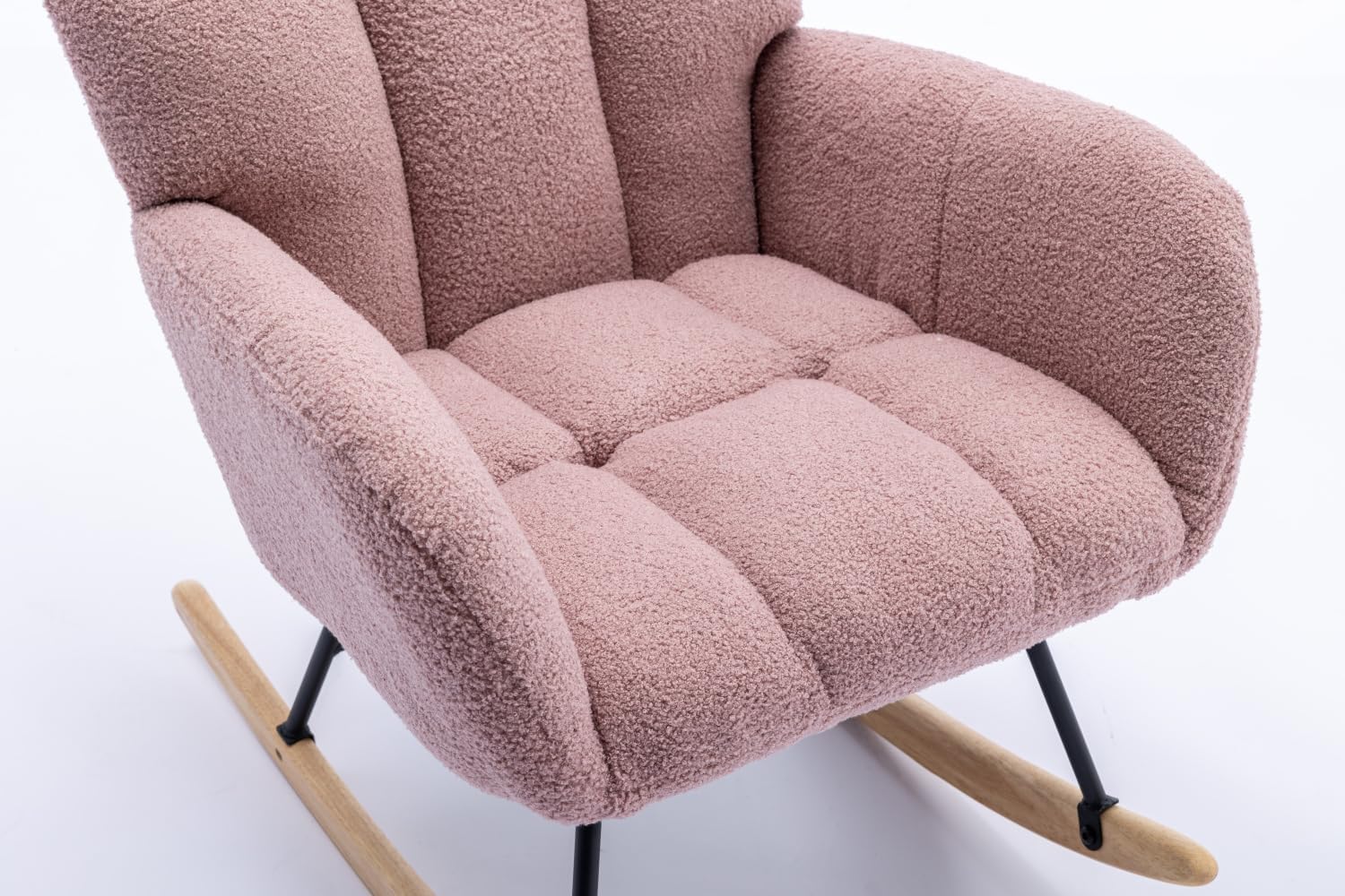 Mecedora moderna para guardería, silla mecedora tapizada de tela de peluche con base de madera maciza, cómodo sillón con respaldo de ala para