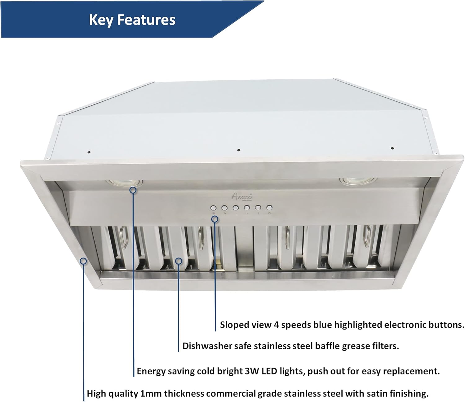 Awoco RH-BQ-X36 – Campana extractora de acero inoxidable integrada con conducto de profundidad de 18.5 pulgadas, 4 velocidades, 700 CFM, luces LED,