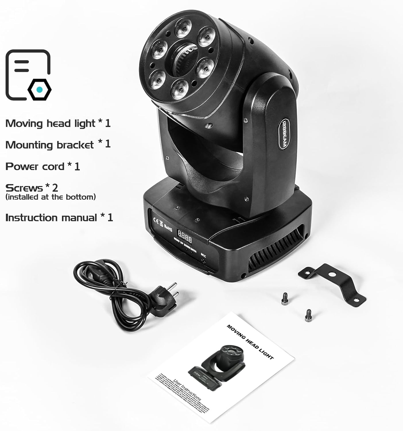 HOLDLAMP Luces de DJ de cabeza móvil, luz LED de cabeza móvil de 100 W con función de enfoque, 6 gobos giratorios (prisma de 3 facetas) e