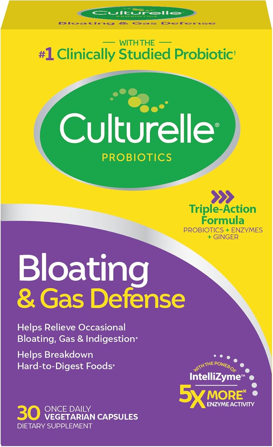 Culturelle Hinchazón y defensa de gases, enzimas digestivas y probióticos para la salud digestiva, 30 cápsulas, apoya la indigestión ocasional y las
