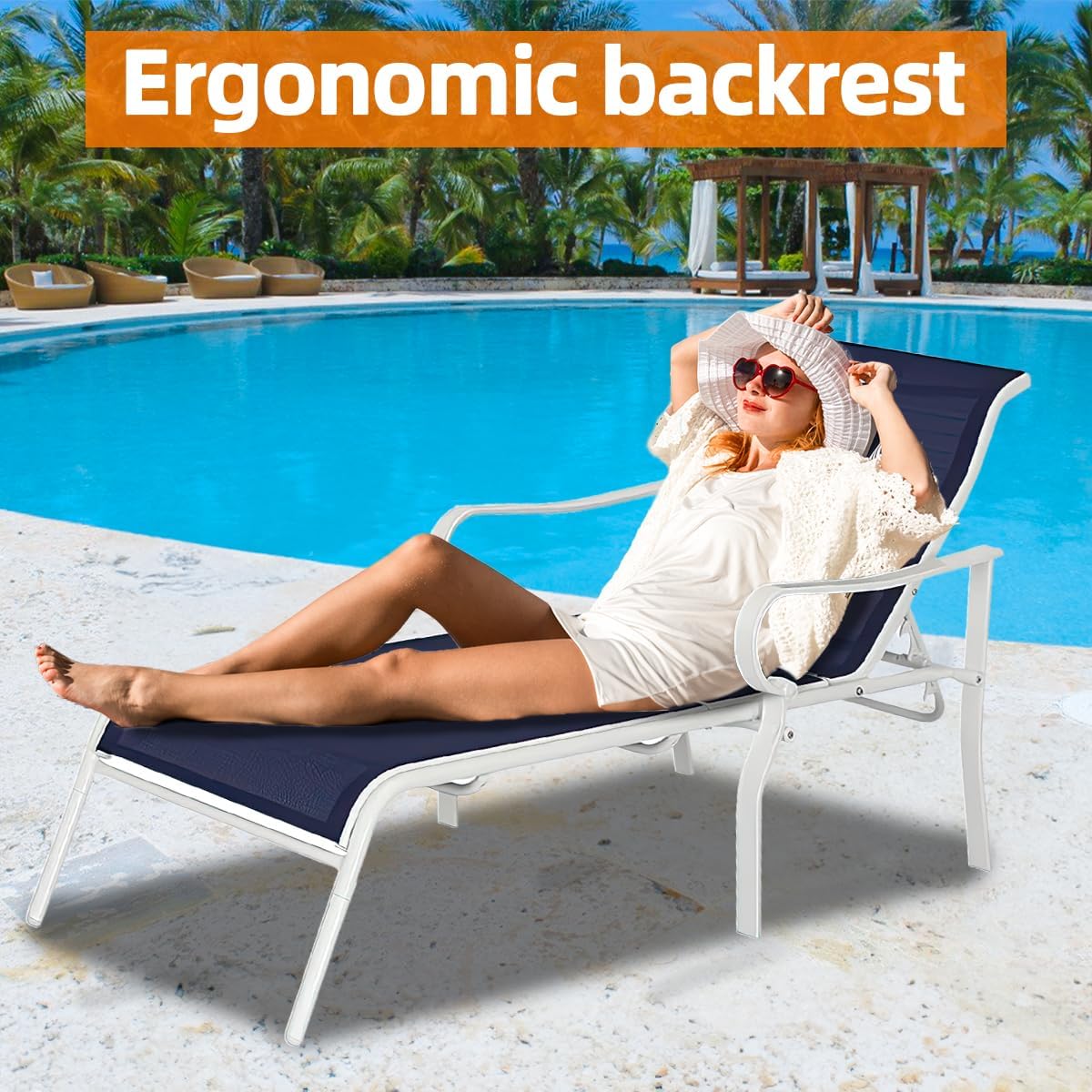 Chaise Lounge para exteriores con respaldo ajustable en 5 niveles reclinables, marco de metal resistente, silla para tomar el sol para playa, patio,
