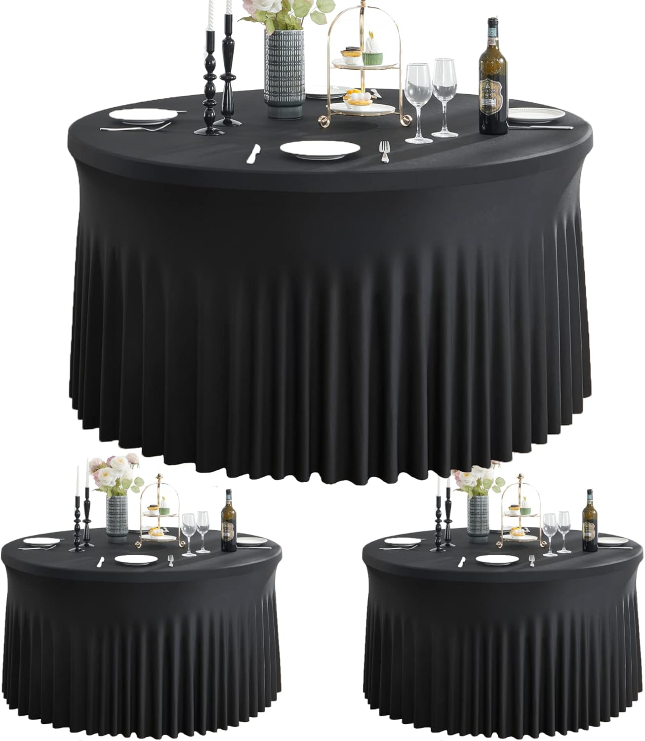Htper Paquete de 2 manteles redondos de elastano negro de 5 pies para mesa redonda de 60 pulgadas, manteles redondos elásticos sin arrugas para