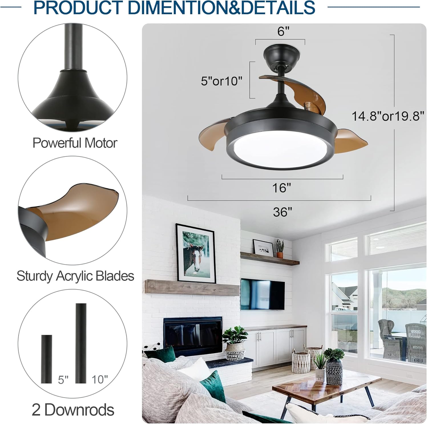 Dawn Whisper Ventilador de techo retráctil de 36 pulgadas con luces y control remoto, moderno ventilador de techo con aspas retráctiles, motor