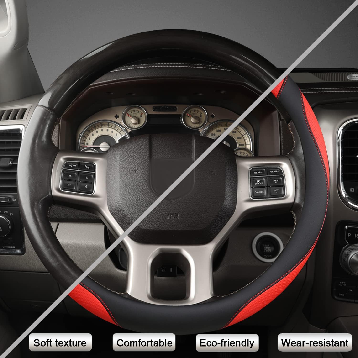 West Llama Funda personalizada para volante de automóvil para Dodge RAM 1500 2500 3500, 15.5-16 pulgadas (negro + rojo tamaño grande)