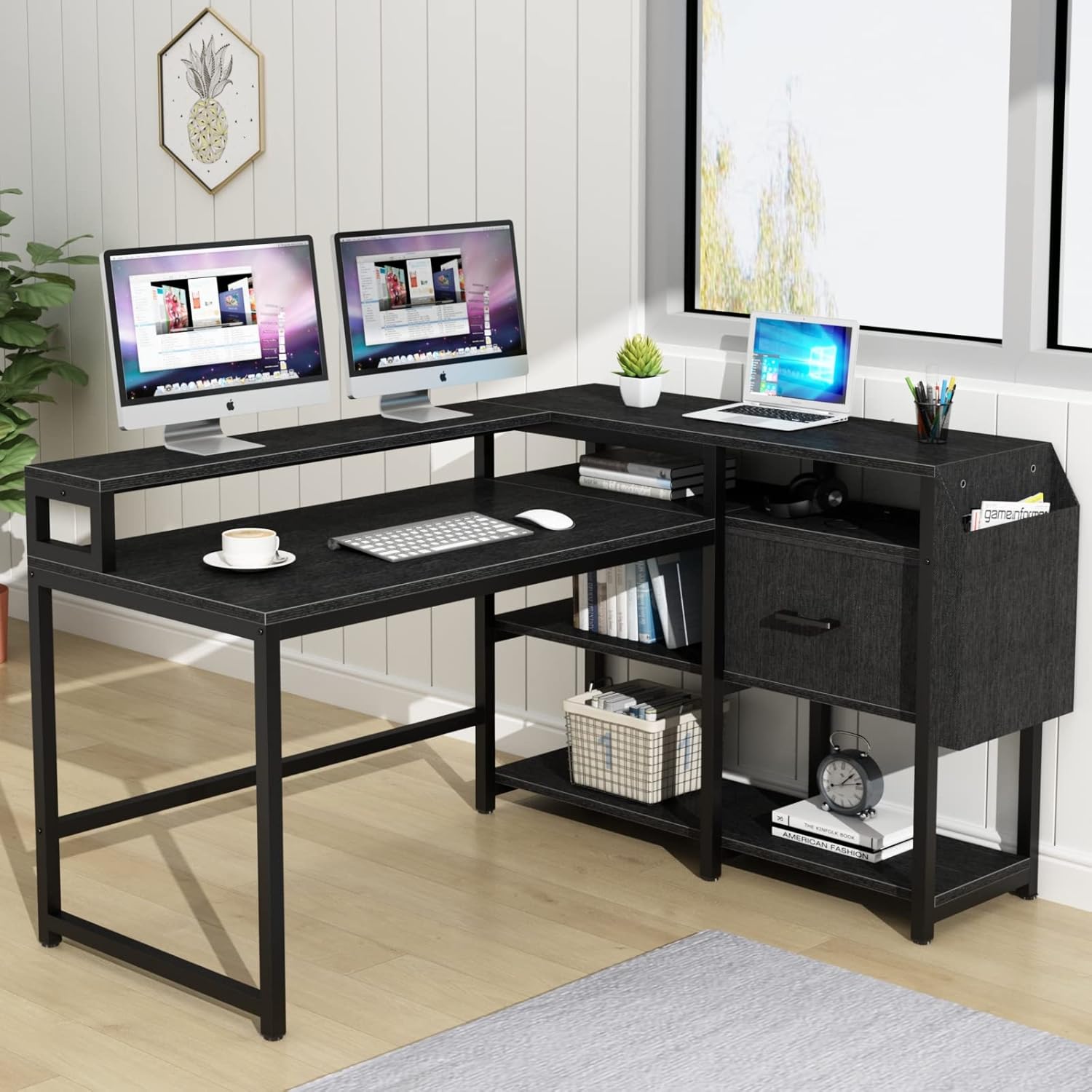 Loomie Escritorio reversible para computadora en forma de L con cajón, escritorio industrial de esquina de 55 pulgadas de ancho x 41 pulgadas de