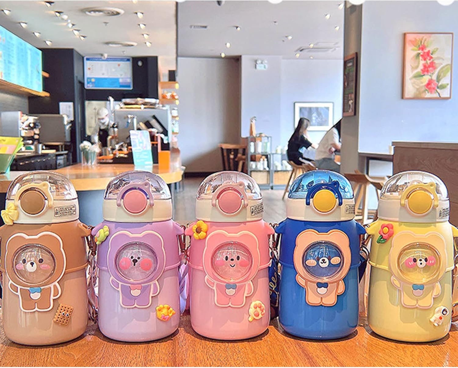 Camidy Kawaii Bear – Botella de agua con popote y correa para el hombro, a prueba de fugas, de acero inoxidable al vacío, sin BPA, lindas botellas