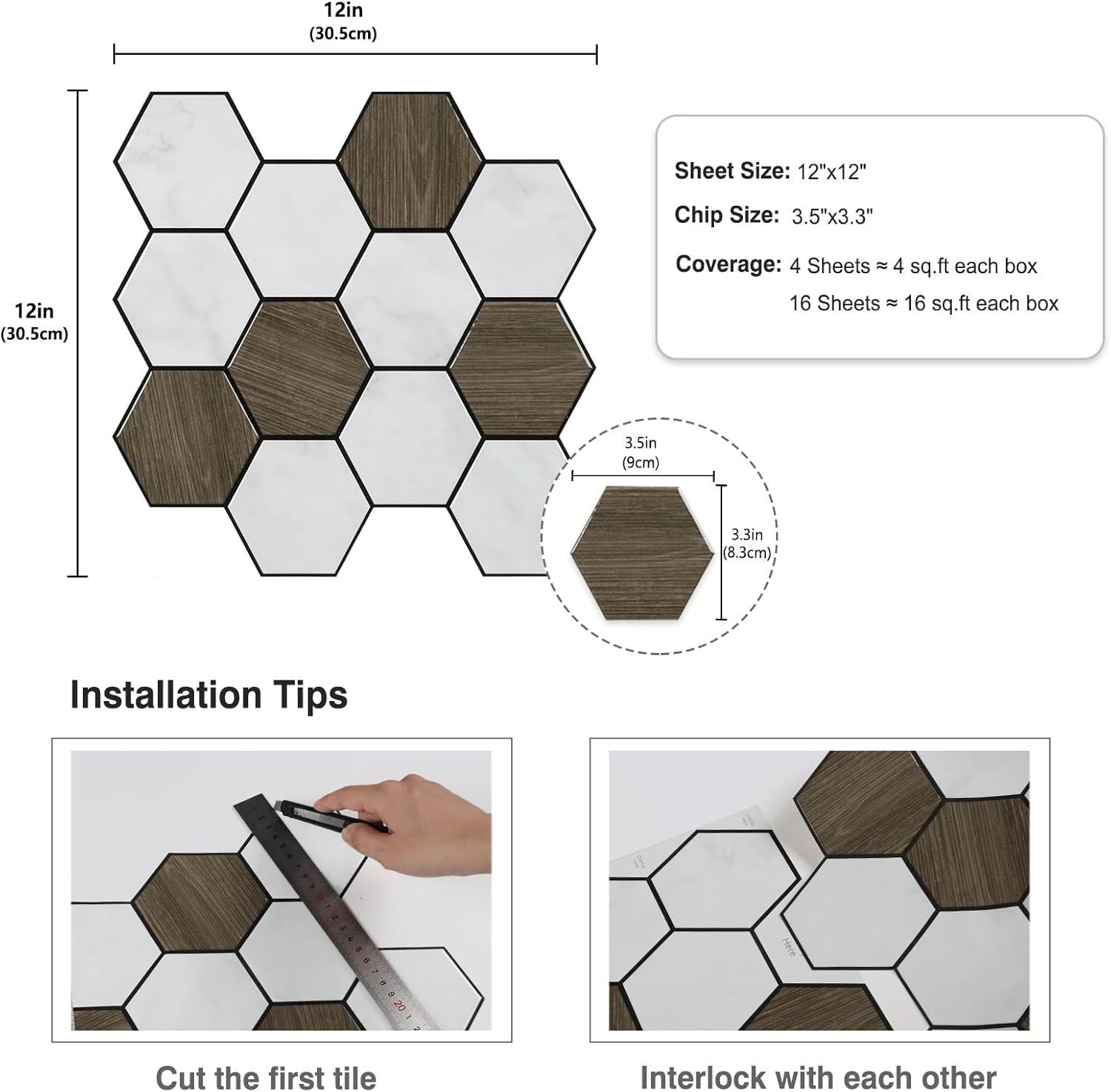 CRE8TIVE 4 hojas de azulejos hexagonales para despegar y pegar contra salpicaduras de 12 x 12 pulgadas para pegar en el muro para cocina,