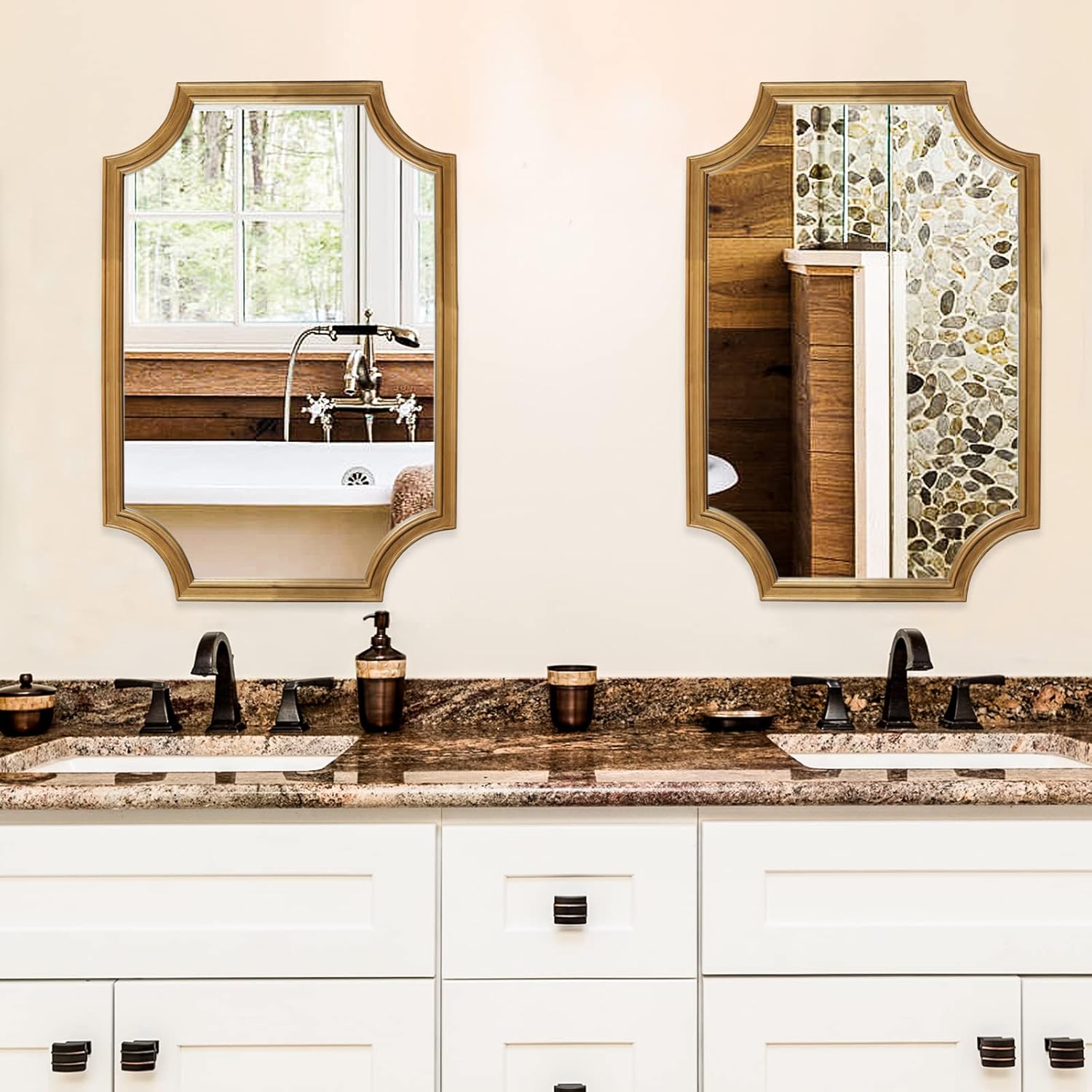 Espejos de baño para pared, esquinas festoneadas completas, arco de esquina, espejo de baño para dormitorio o sala de estar, espejo con marco de
