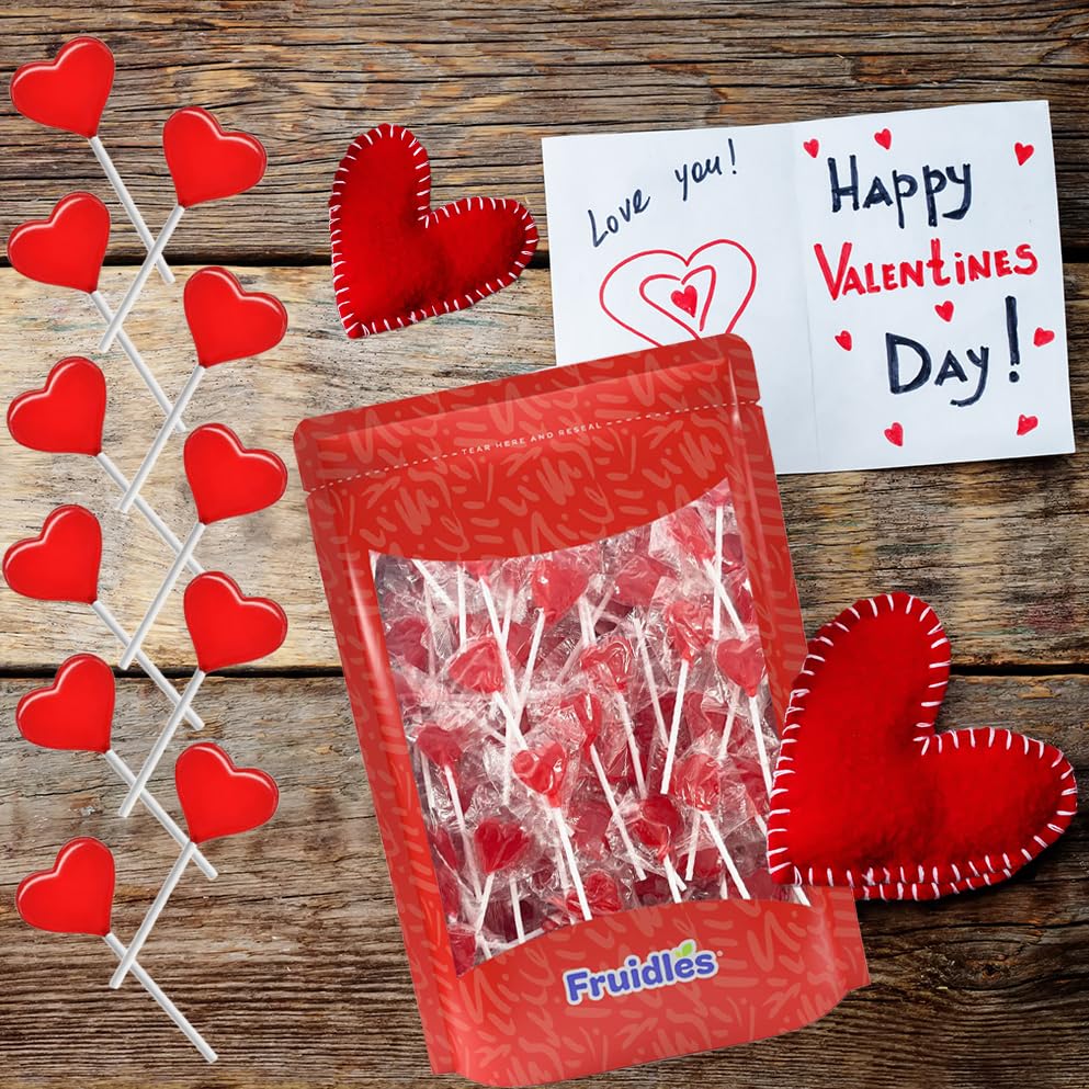 Mini paletas para el día de San Valentín con forma de corazón rojo con sabor a fresa, envueltas individualmente, paletas de 0.18oz, aprox. 40