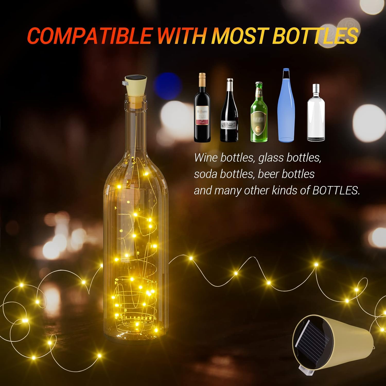 PChero Luces solares para botellas de vino, paquete de 6 unidades, 20 luces LED impermeables, mini alambre de cobre, luces de corcho para botellas
