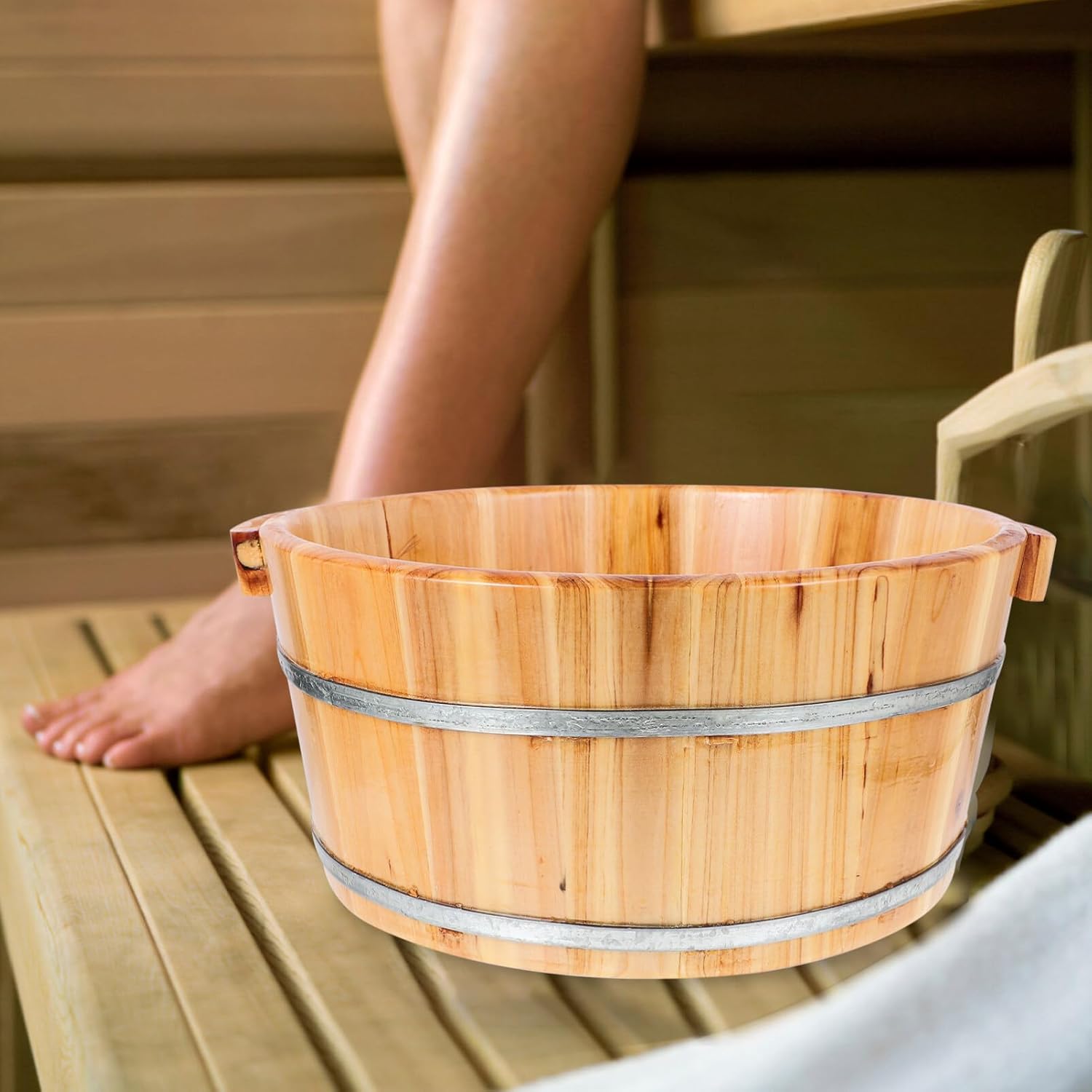 Yardwe Cuenca de pie de madera, bañera de madera para pies de madera, cubo de madera para baño de pies, remojo, masaje, spa, sauna