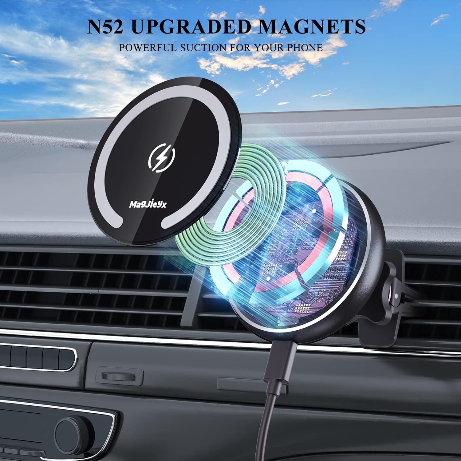 MAGJIEYX Fits Magsafe Car Mount Wireless Charger, Gooseneck Long Arm Suction Cup,DashboardVentWindshield for iPhone 15141312 SeriesMagSafe Casewith