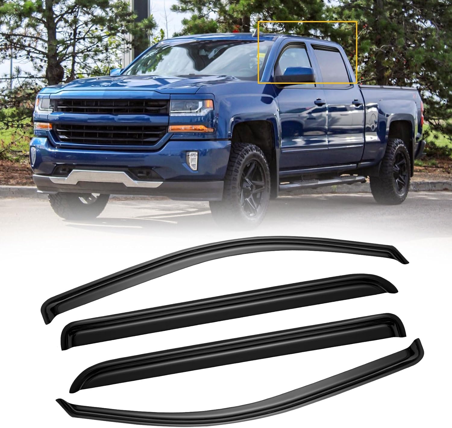 Viseras de ventana para Chevrolet Silverado y GMC Sierra 1500 Crew Cab 2014-2018, deflector de sombra de ventilación, color humo oscuro para