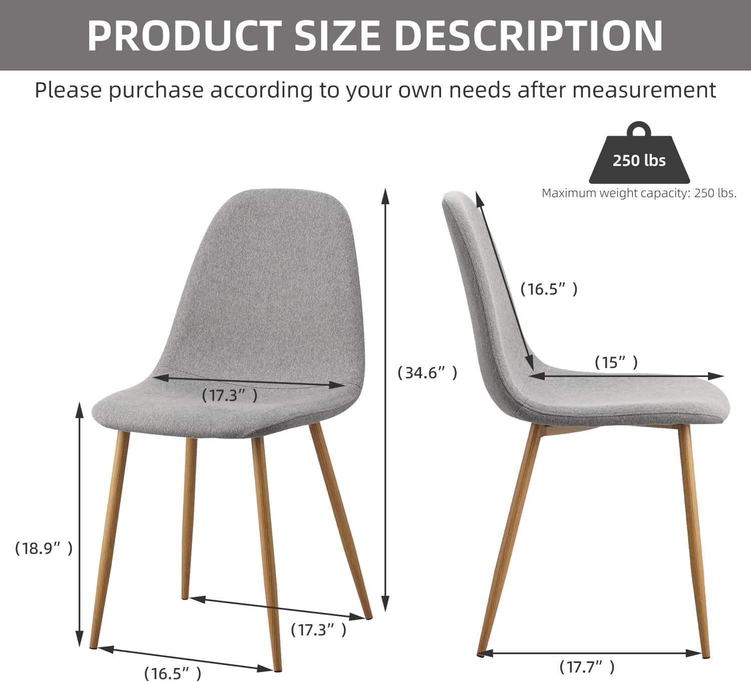 Juego de 4 sillas de comedor, sillas laterales de tela moderna de mediados de siglo, respaldo curvado tapizado sin brazos con patas de metal,