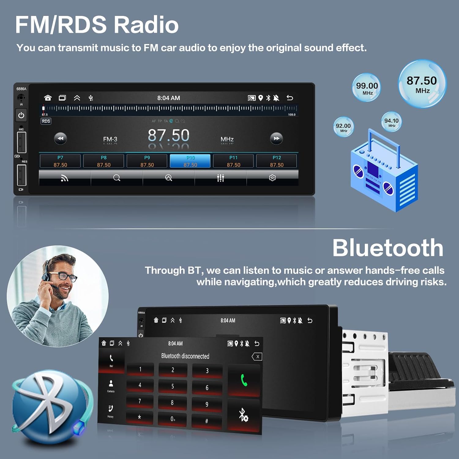 2+64G Android 13 Car Stereo Single DIN Radio inalámbrica Apple Carplay con cable Android Auto, pantalla táctil HD de 6.9 pulgadas estéreo para coche