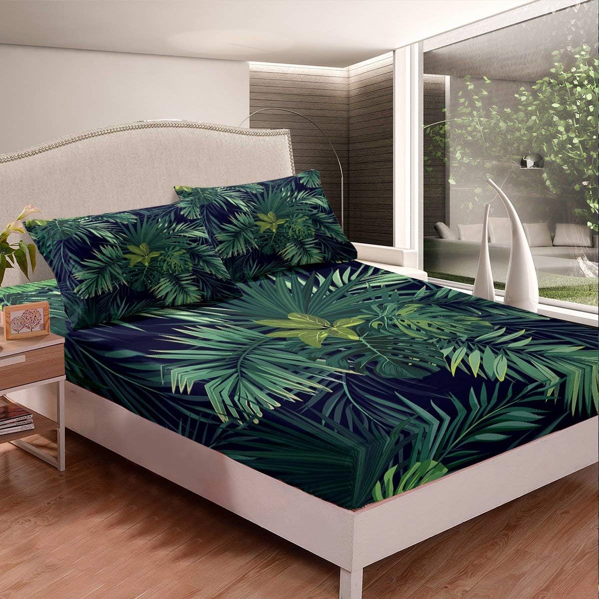 Erosebridal Monstera – Sábana bajera ajustable de hojas de palmera para niños, niñas, adolescentes, hojas tropicales hawaianas, juego de ropa de