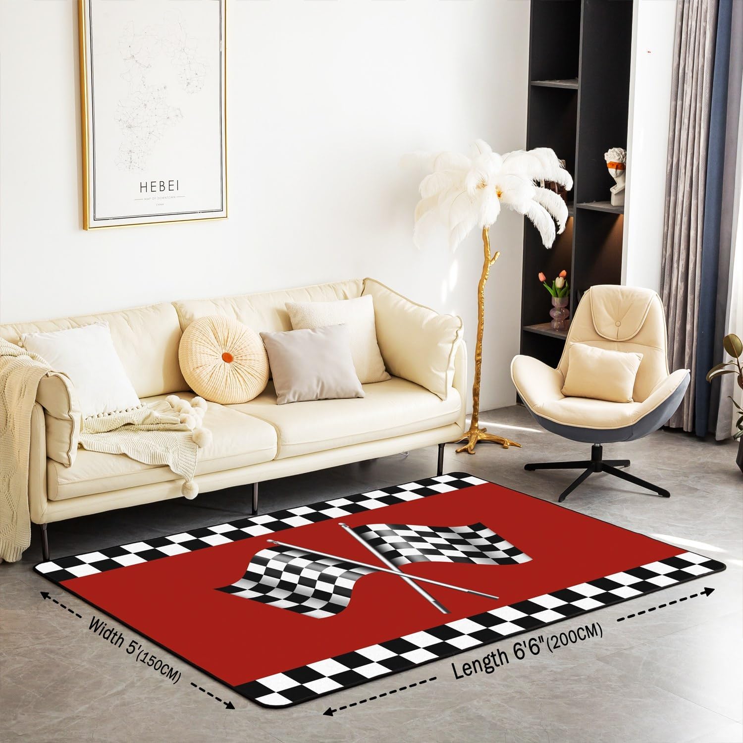 Alfombra con estampado de bandera a cuadros de 5 x 6 pies 6 pulgadas, alfombra temática de coche de carreras para decoración de mesita de noche,