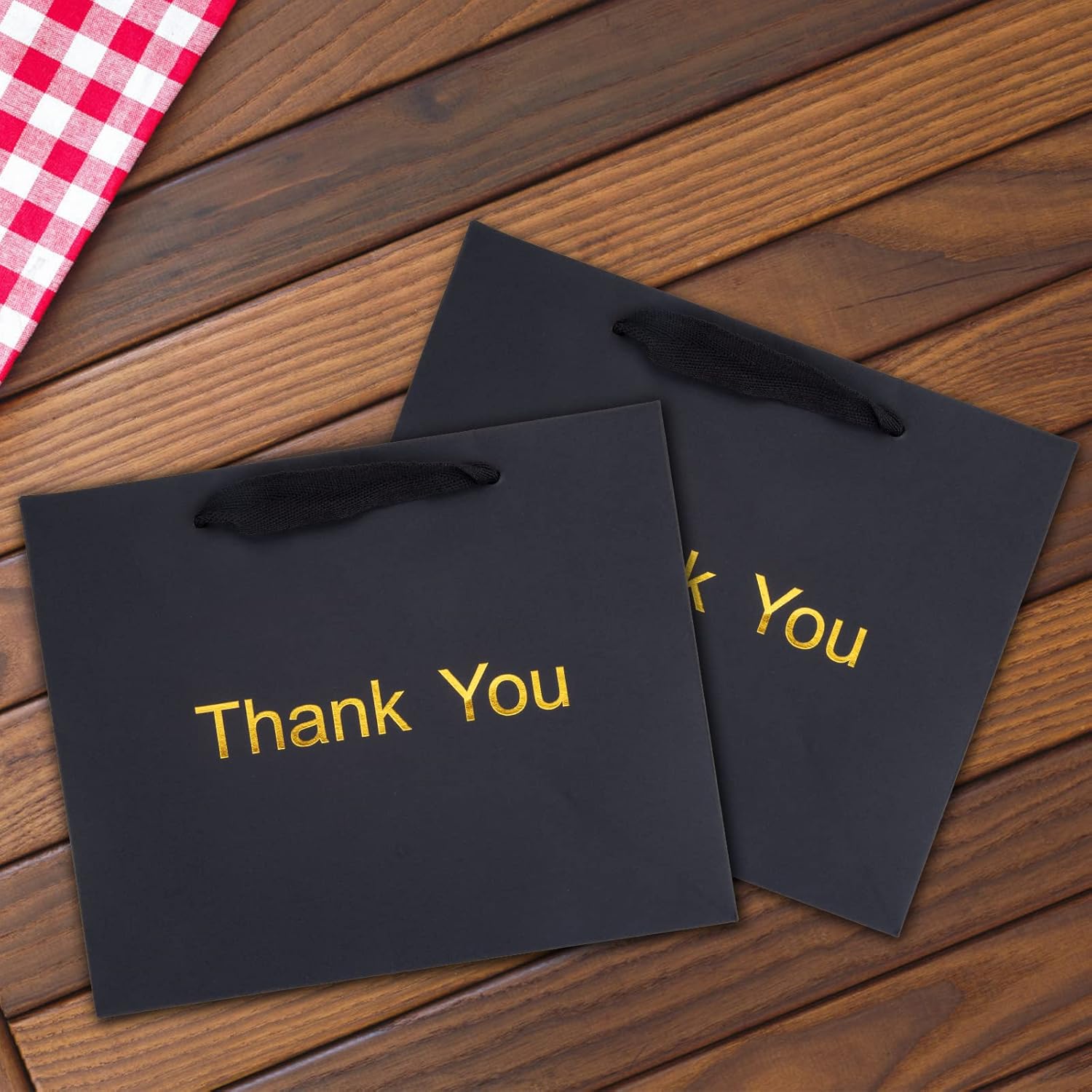 50 bolsas pequeñas a rayas negras de 5.25 x 3.25 x 8 pulgadas + 25 bolsas pequeñas de regalo de agradecimiento de 8.6 x 3.9 x 7 pulgadas