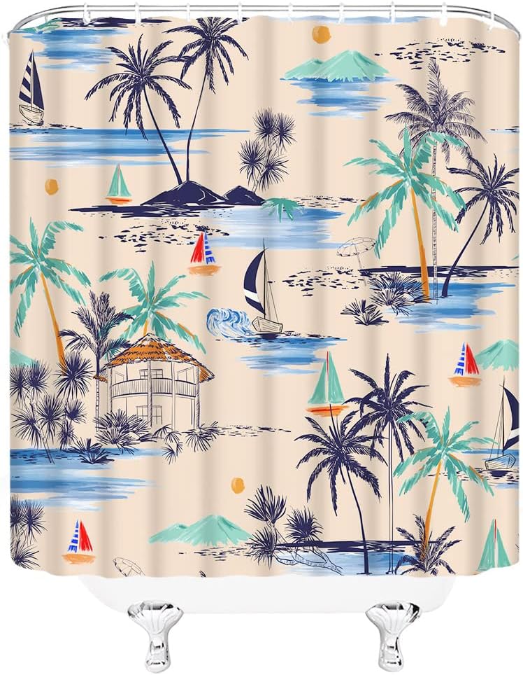 Cortina de ducha hawaiana, palmera tropical, velero náutico, océano, costero, retro, paisaje, garabatos, tela, juego de cortina de baño con ganchos