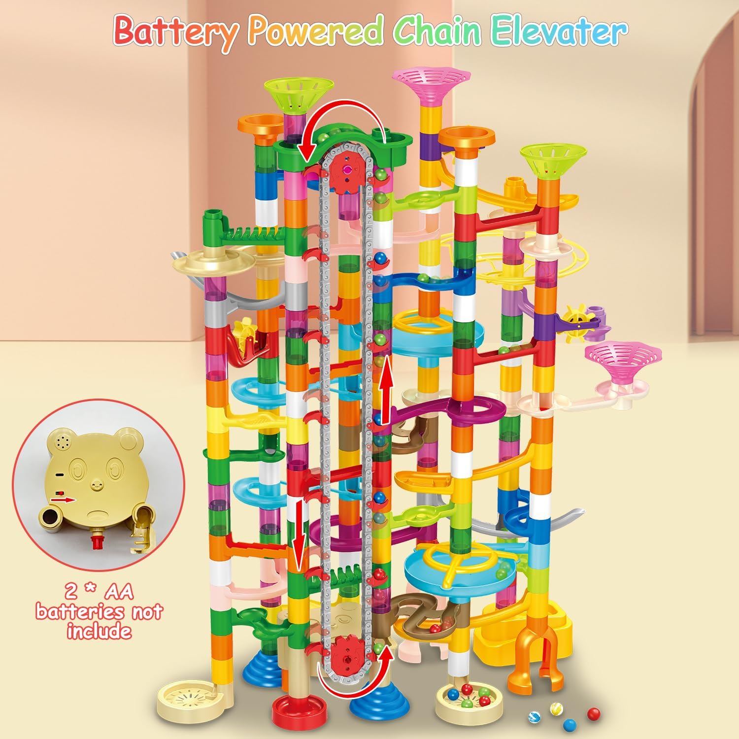 Marble Run con elevador motorizado, 310 piezas de bloques de construcción de juegos de laberinto, juguetes con canicas de plástico brillantes de