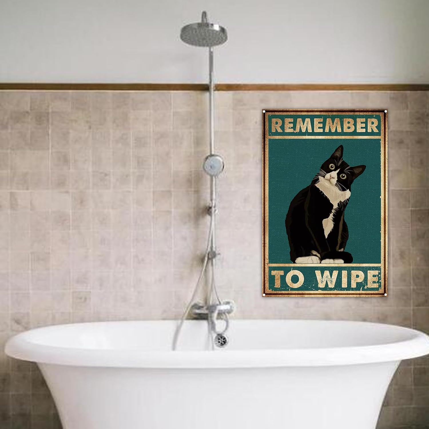 Cartel de baño con diseño de gato negro con texto en inglés “Remember to Wipe” (Remember to Wipe)