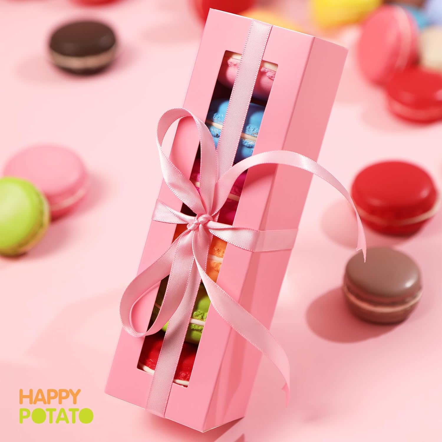 HAPPY POTATO Paquete de 25 cajas de macarrones para 6, 7.2 x 1.9 x 1.9 pulgadas, cajas de embalaje de macarrones, cajas de macarrón rosa con ventana
