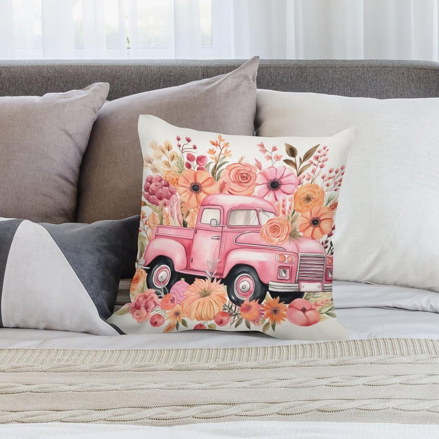 Fundas de almohada de 20 x 20 pulgadas, diseño de acuarela rosa con estampado de flores de calabaza y camión rosa, suave, estampado de doble cara,