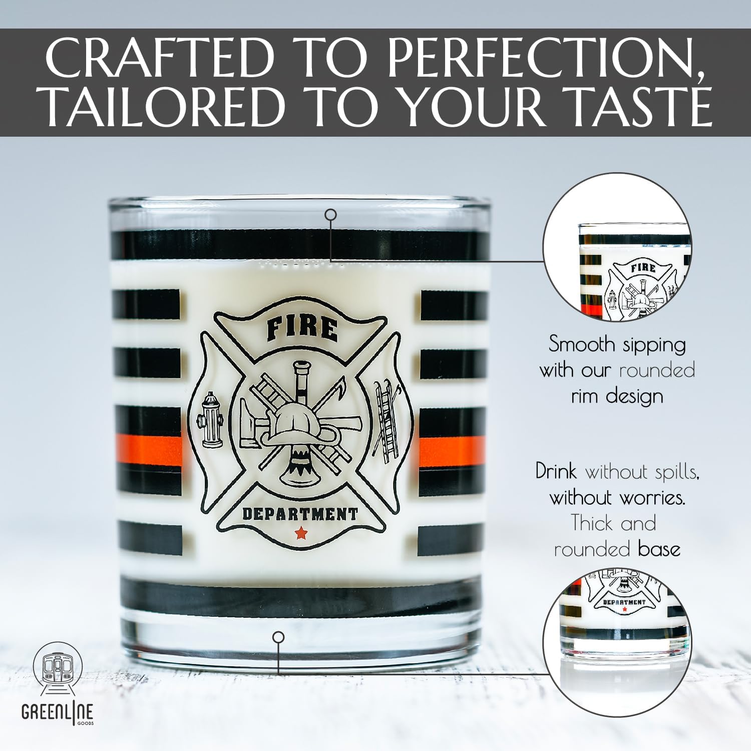 Greenline Goods Thin Red Line – Vasos de whisky de bombero, estilo antiguo, juego de 2, 10 onzas, vasos clásicos de vidrio con gráficos de bandera