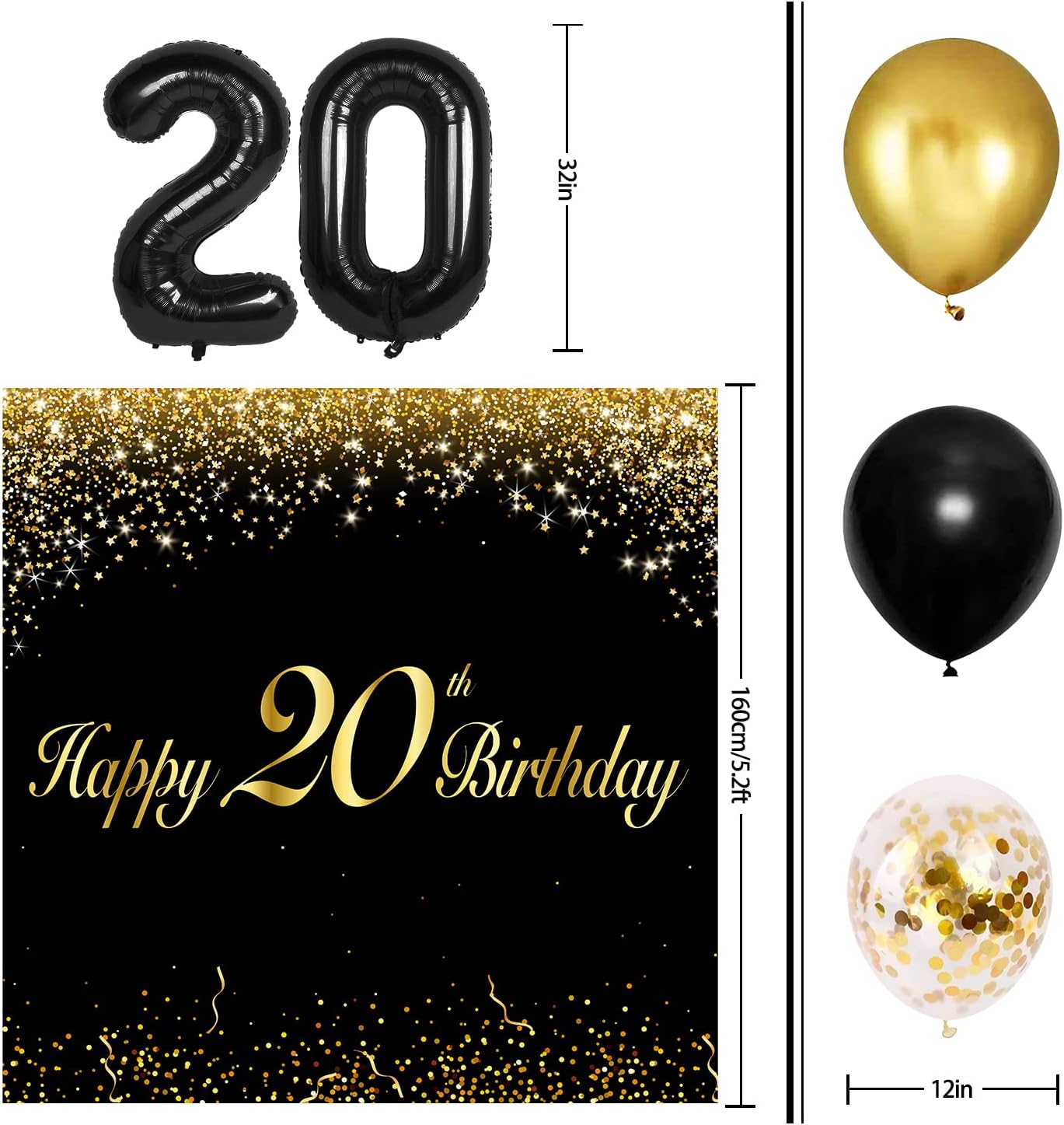 Juego de globos negros de feliz 20 cumpleaños  Saludos a los 20 años de edad temática de fiesta temática guirnalda pancarta decoración telón de