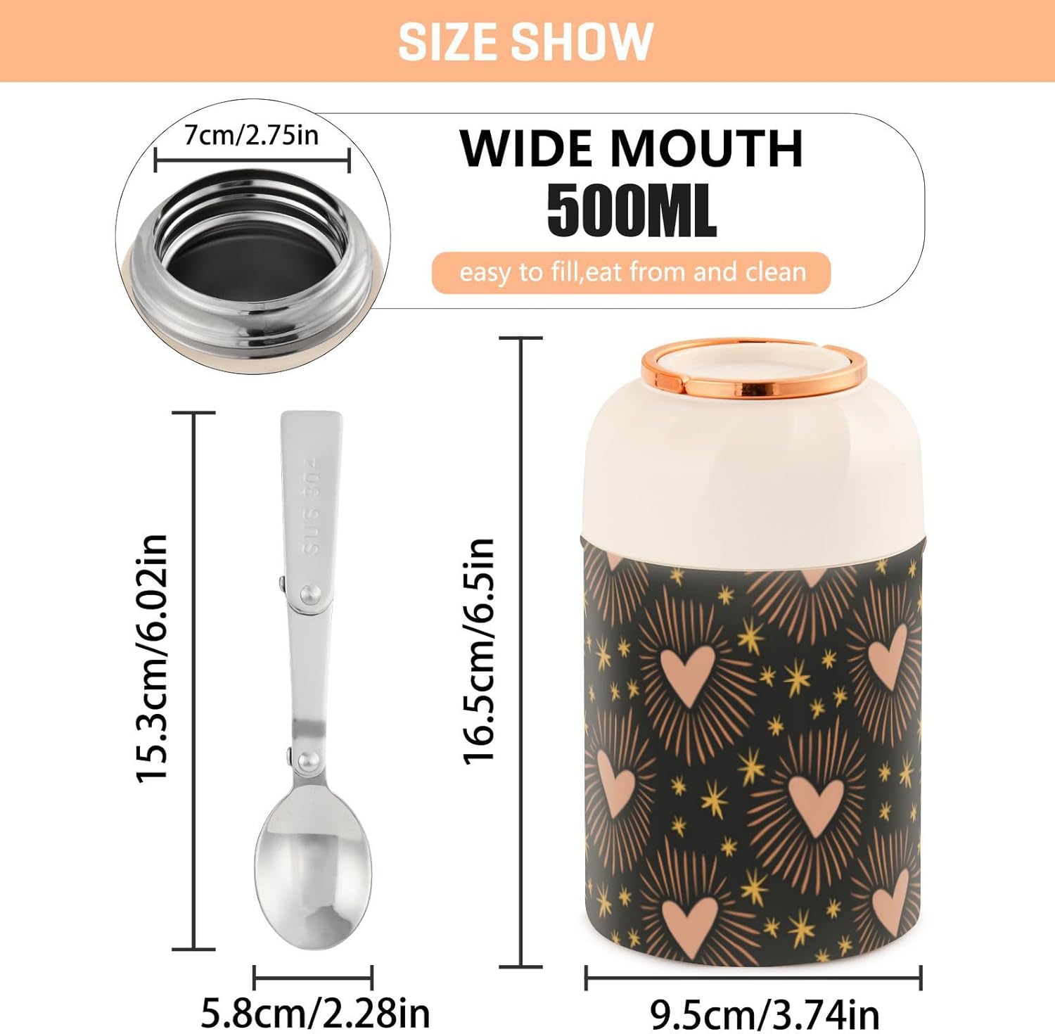 Magical Boho Sacred Heart Love Peace – Tarro aislado con cuchara para niños y mujeres, recipientes de 17 onzas  16.9 fl oz con tapas, de acero