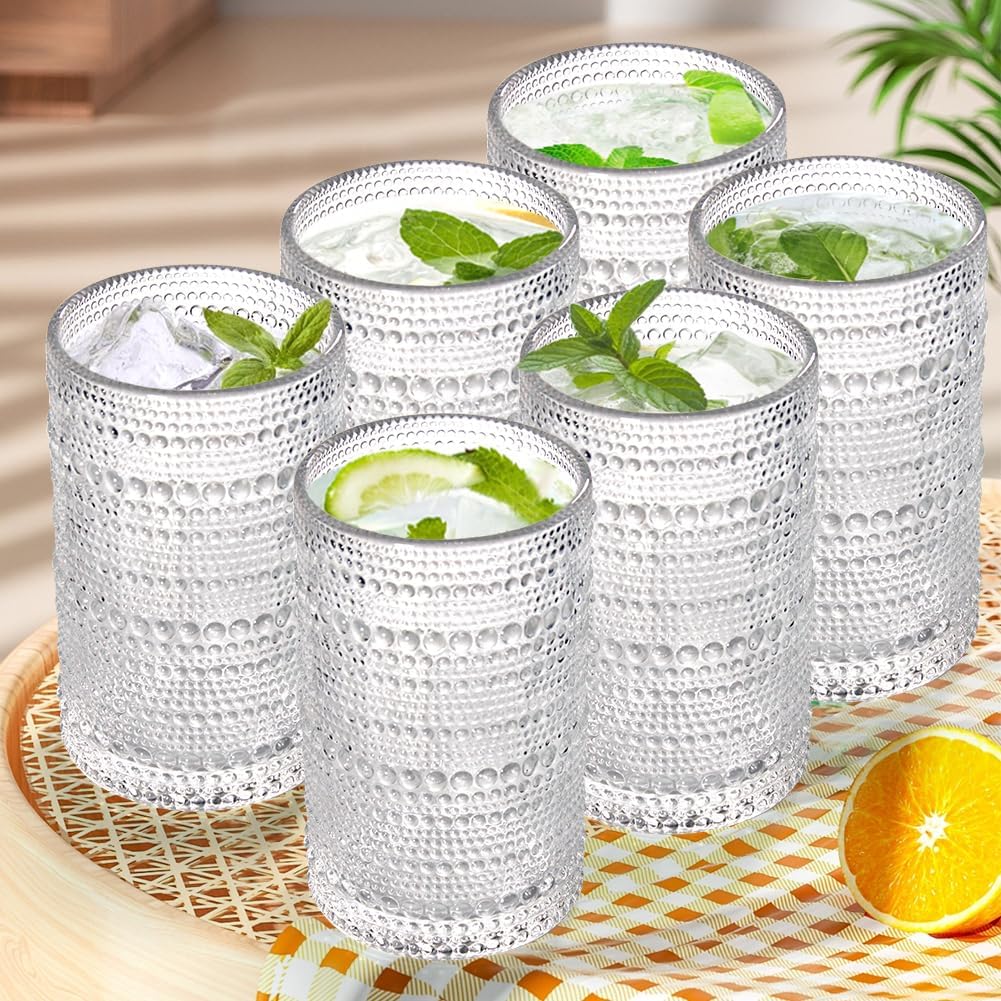 Juego de 6 vasos vintage para beber, 12 onzas, vasos de vidrio con relieve, juego de cristalería vintage para bebidas, jugo, whisky, cerveza,