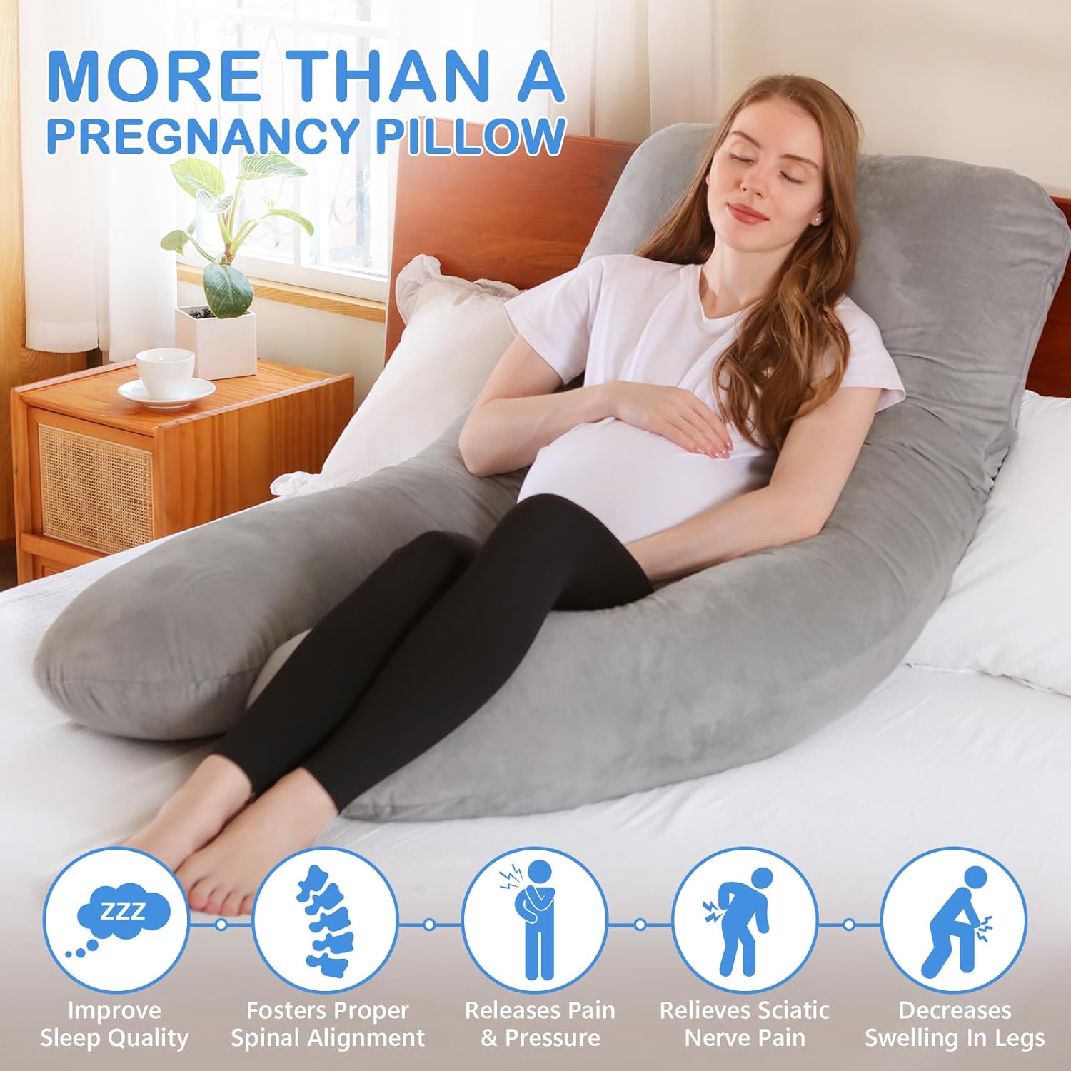 Almohadas de embarazo, almohada de cuerpo completo en forma de U con funda de terciopelo lavable, almohadas de embarazo de maternidad de 55 pulgadas