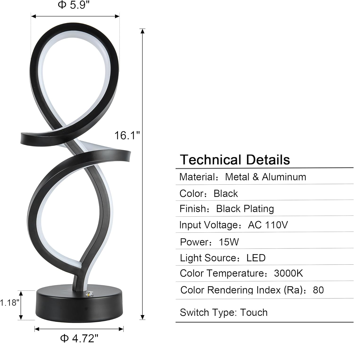 Lámpara de mesa moderna, lámpara LED en espiral, lámpara de mesa RGB, lámpara de noche negra con 7 colores, 10 modos de luz, lámpara de mesita de