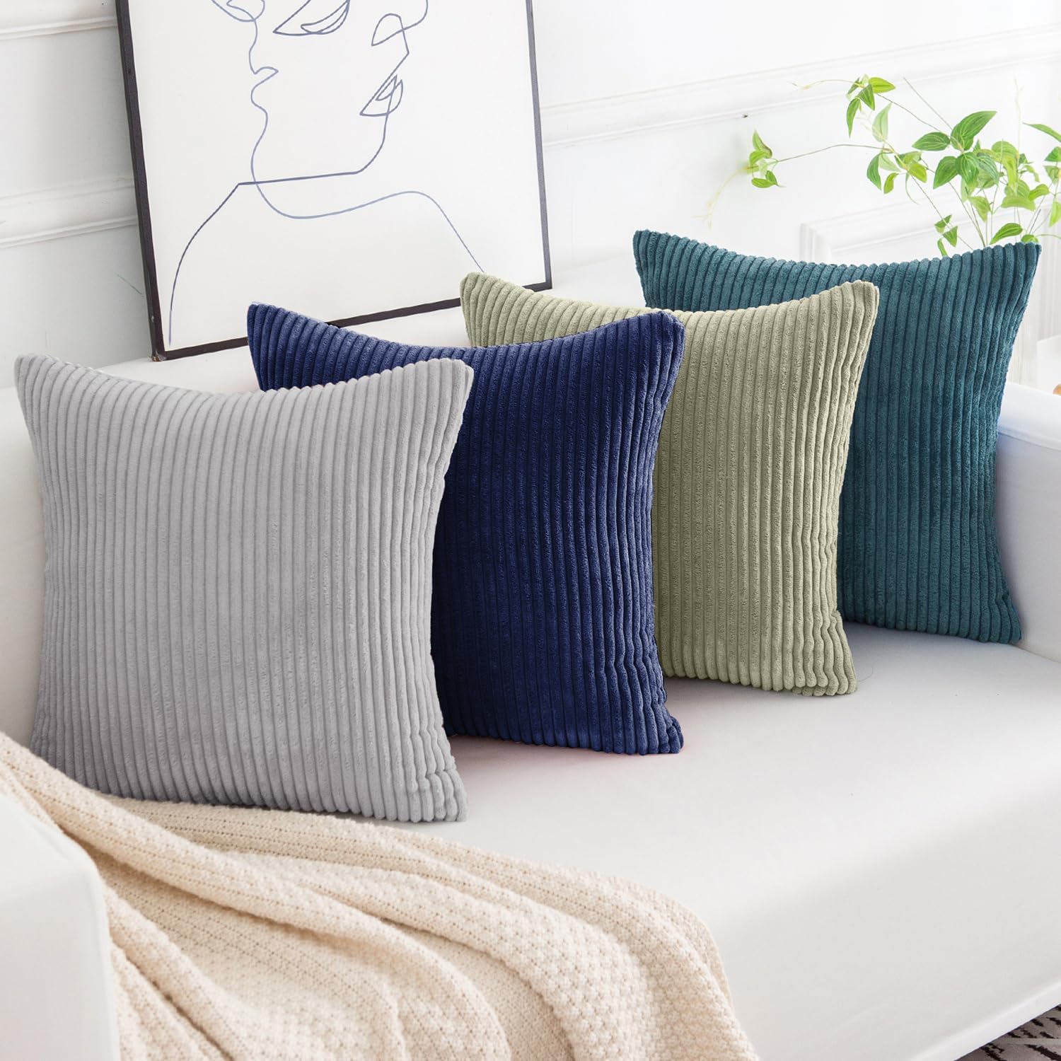 Softalker Juego de 4 fundas de almohada de pana suave a rayas sólidas, 18 x 18 pulgadas, decoración moderna para sofá, dormitorio, sala de estar