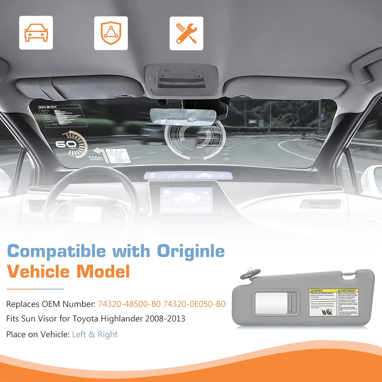 Visera solar para el lado izquierdo del conductor y del pasajero derecho con luz para Toyota Highlander 2008 2009 2010 2011 2012 2013, reemplazo
