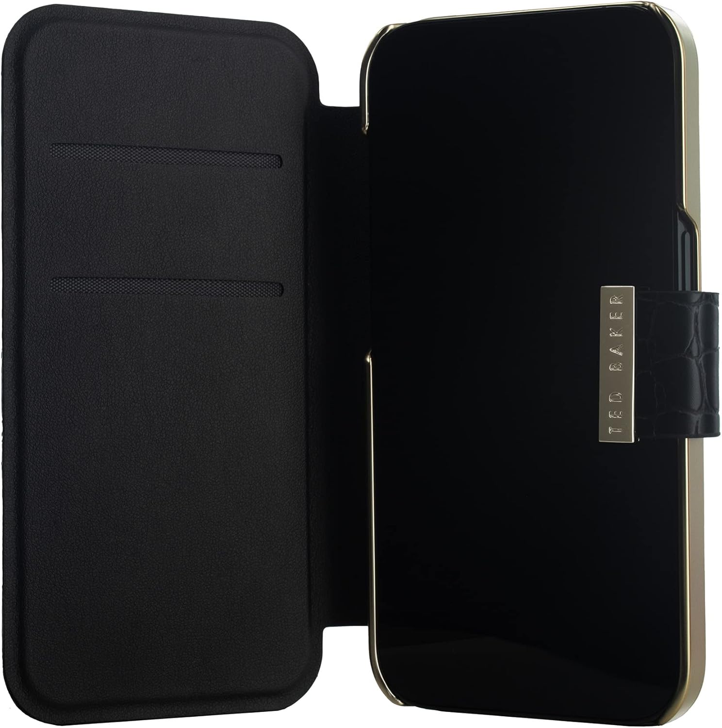 Ted Baker KHAILS Negro Croc doble ranura para tarjeta espejo Folio teléfono caso para iPhone 14 Pro Gold Shell
