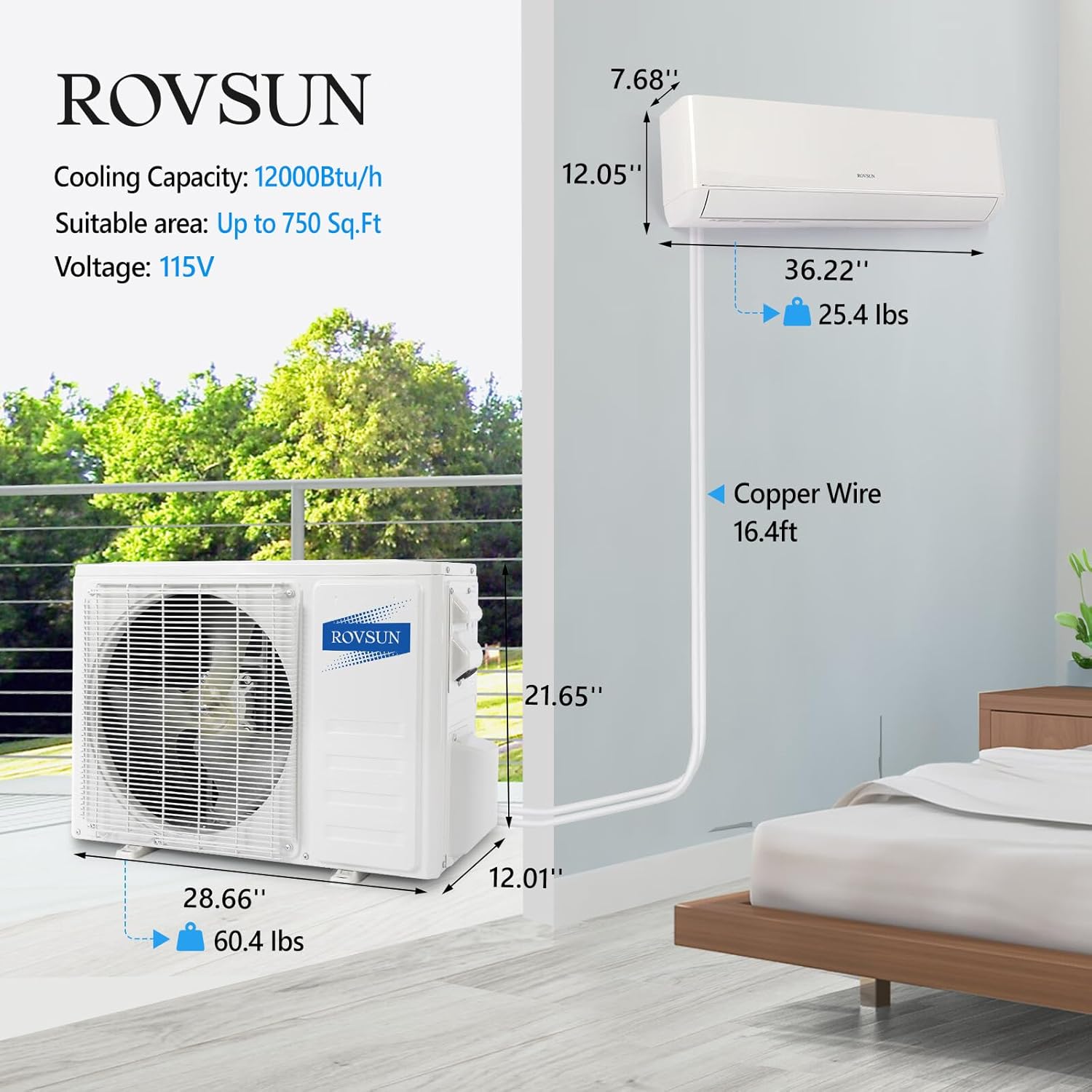 ROVSUN Sistema de calefacción mini split de 12,000 BTU habilitado para WIFI de 22 SEER con inversor, sistema dividido sin conductos de 115 V con