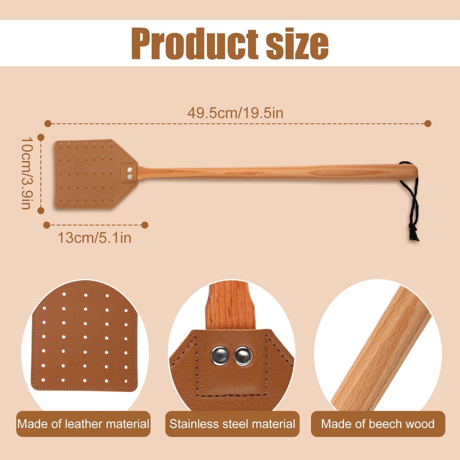 2 matamoscas de cuero para colgar, 19.5 pulgadas de largo, resistente matamoscas manual con mango de madera, atrapa avispas para interiores y