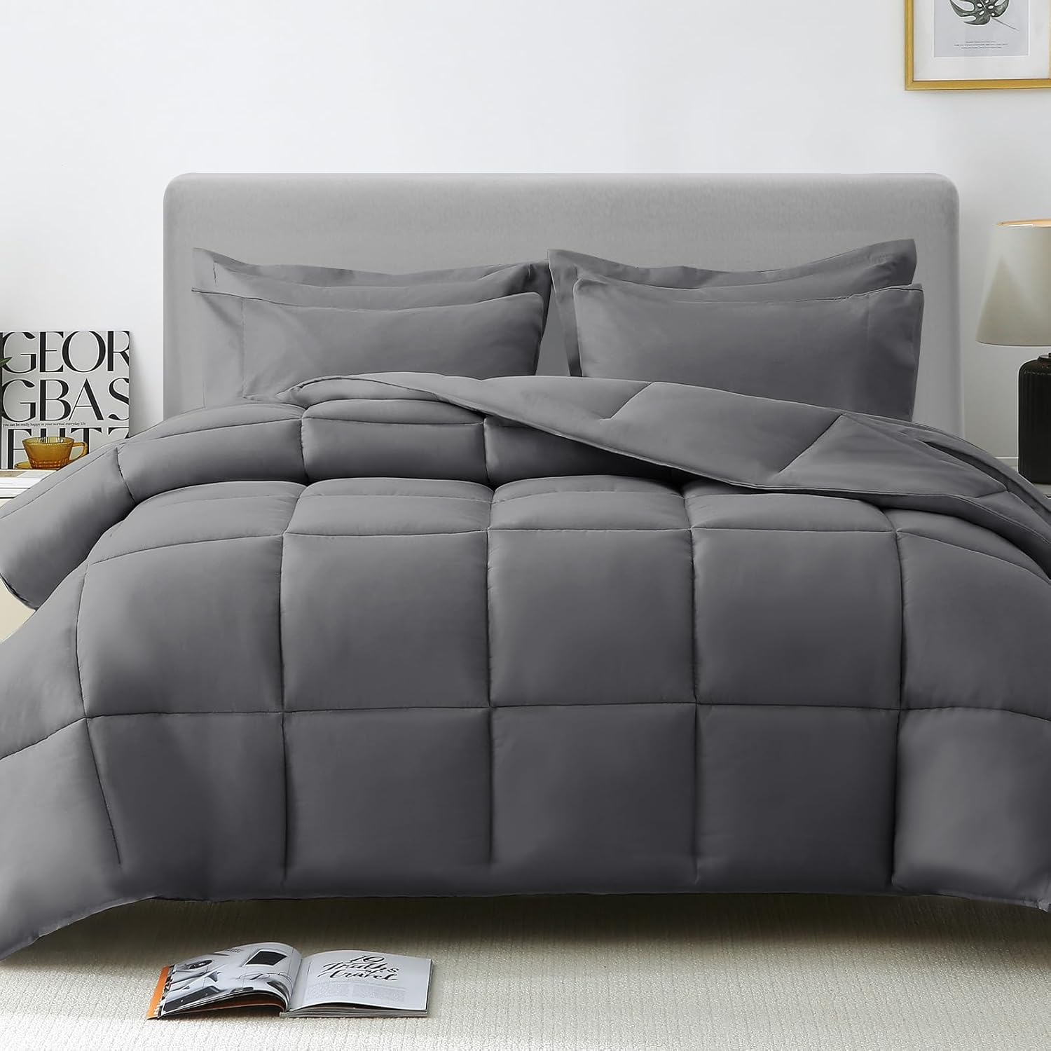 JOLLYVOGUE Juego de edredón King de 7 piezas  Cama en una bolsa ultrasuave  Alternativa de plumón de ganso  Serie 1800 Premium con edredón, sábanas,