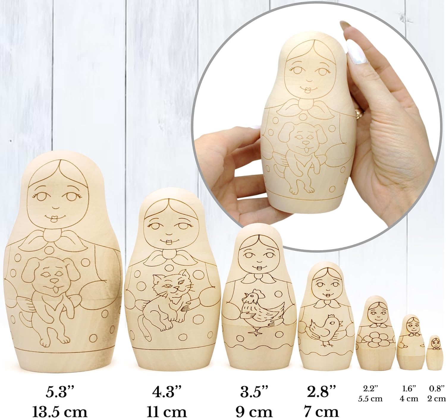 AEVVV Juego de 7 muñecas rusas en blanco para pintar – Artesanías de madera para pintar tu propio Matryoshka – Artesanías de madera sin terminar –