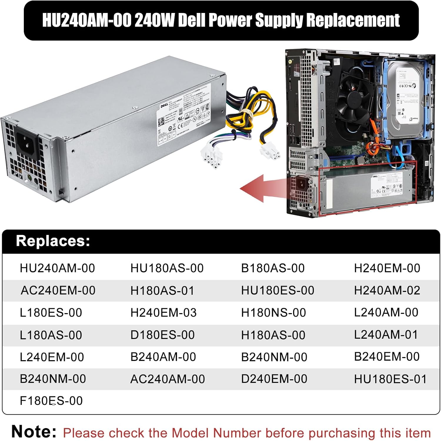 Fuente de alimentación actualizada de 240 W para Dell Inspiron 3650 3656 Optiplex 3040 5040 7040 SFF HU240AM-00 AC240EM-00 L240NM-00 PN THRJK 04GTN5