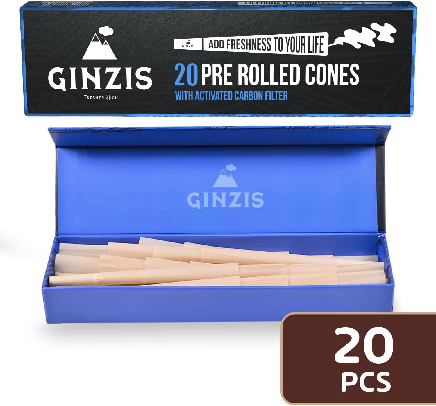 Ginzis Cones – Paquete de 20 papeles de liar tamaño King, filtro de carbón activado, conos preenrollados tamaño King, conos de papel de liar de