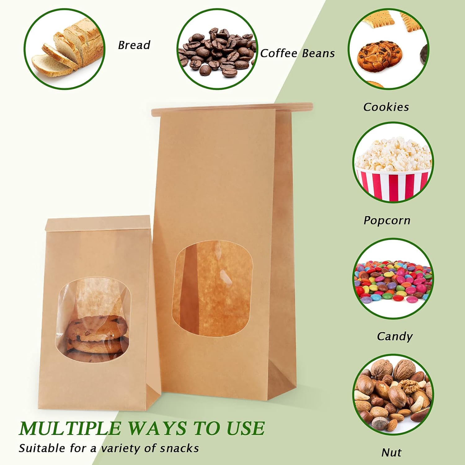 Glenmal 150 bolsas de panadería con ventana, bolsa de embalaje de papel kraft para golosinas, bloqueo de estaño, para galletas, pan, almacenamiento